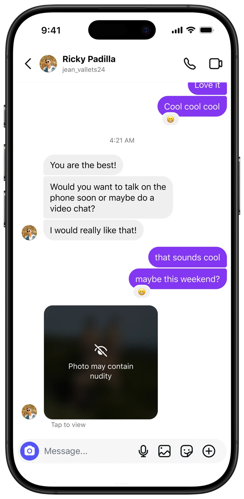 An Instagram DM thread where a received photo arrives blurred behind a nudity warning: photo may contain nudity, tap to view