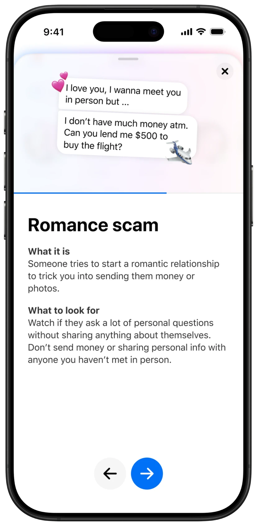 A safety education sheet explaining the romance scam: what it is, and what to look for