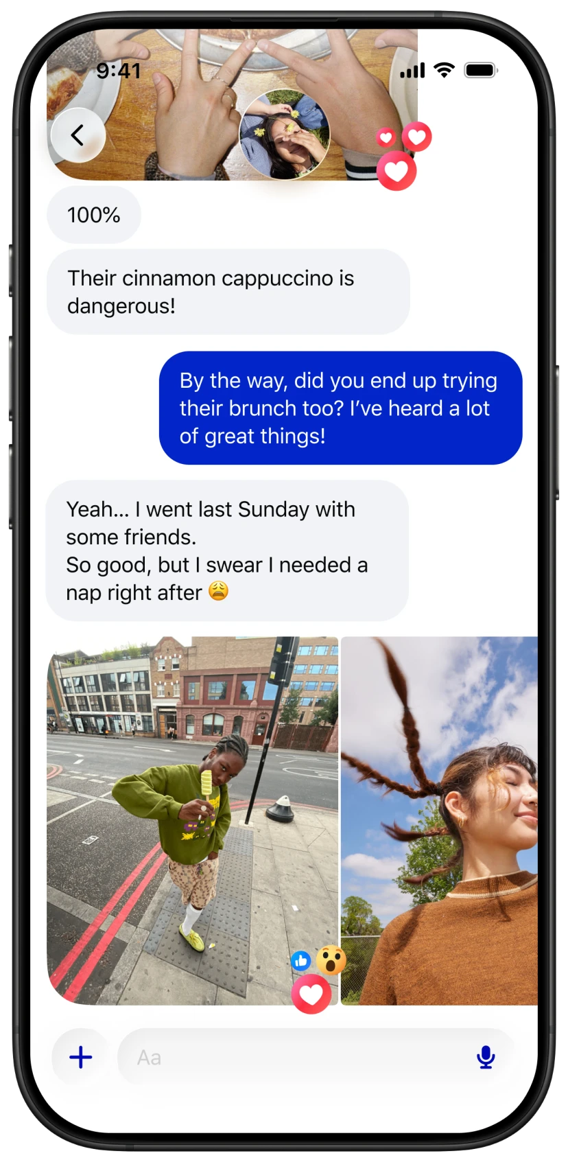 A Messenger thread with photos shared in-line and heart reactions floating over the media