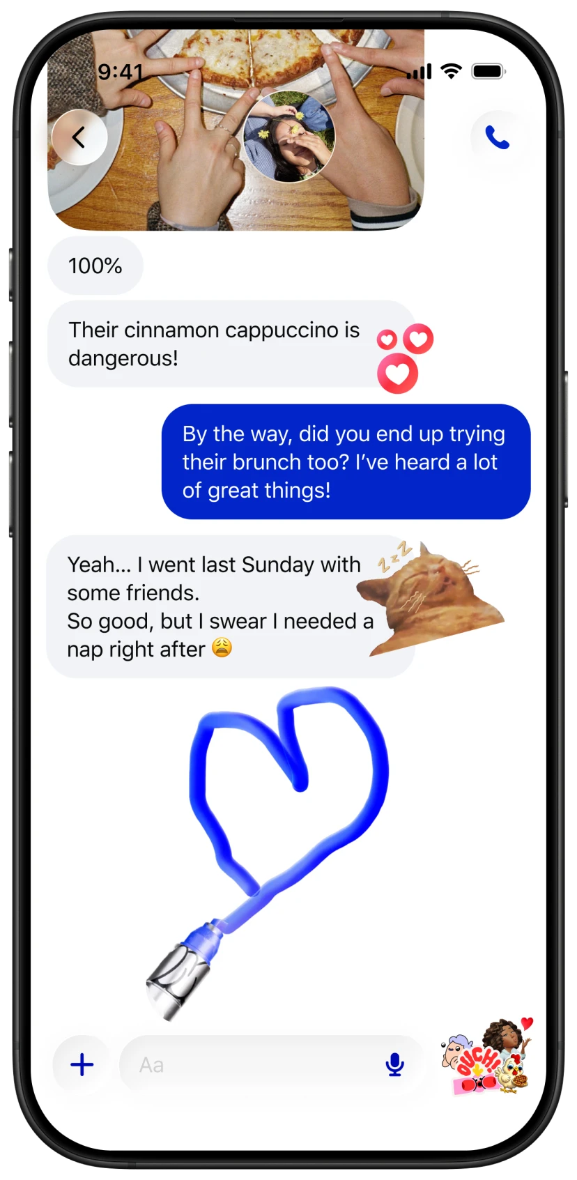 A Messenger thread with a sticker and a hand-drawn blue heart doodle sent as a message