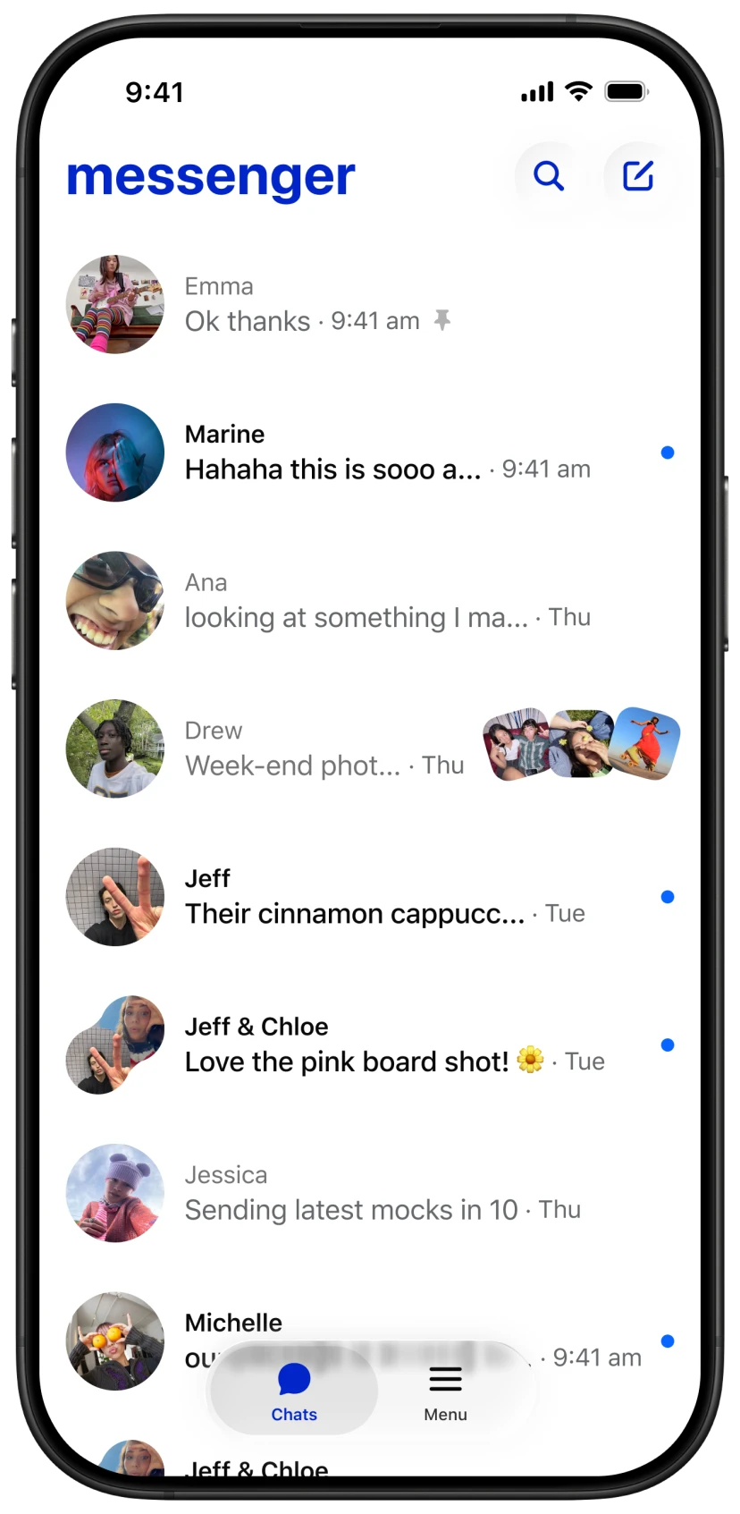 The Messenger inbox with rich context: a thread row previewing the photos it carries